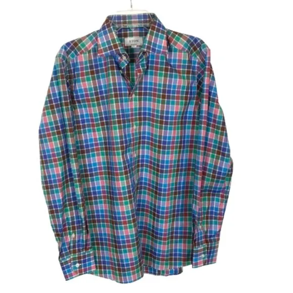 NWT Mens Size Medium ETON Multicolor Check Pattern Button Up Dress Shirt NEW
