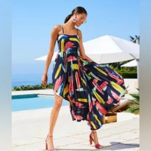 NWT Milly Irene Modern Brushstroke Pleated Midi Dress Rainbow Multi sz 0 Swing