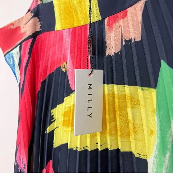 NWT Milly Irene Modern Brushstroke Pleated Midi Dress Rainbow Multi sz 0 Swing