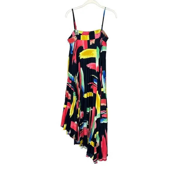 NWT Milly Irene Modern Brushstroke Pleated Midi Dress Rainbow Multi sz 0 Swing