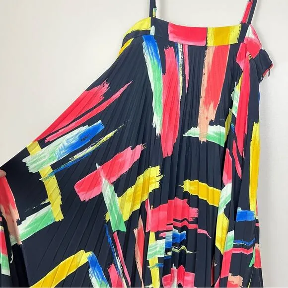 NWT Milly Irene Modern Brushstroke Pleated Midi Dress Rainbow Multi sz 0 Swing