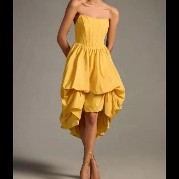 NWT Modern Anthropologie Yellow Corset Hi Low Bubble Skirt Dress, Size S.