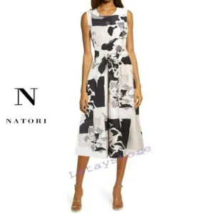 NWT N NATORI Amaryllis Floral Print Belted Midi Dress