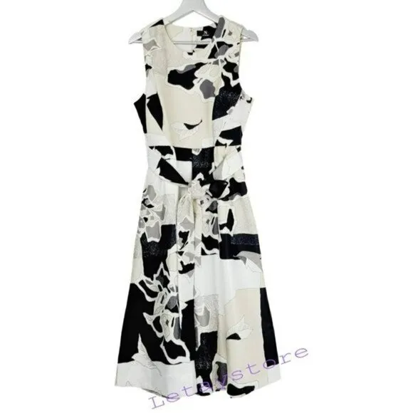 NWT N NATORI Amaryllis Floral Print Belted Midi Dress