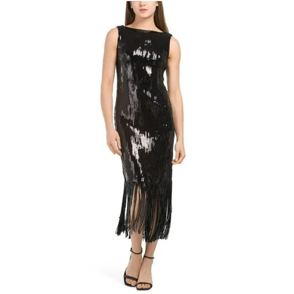 NWT Nanette Lepore Women's Boat Neck Sequin Fringe Hem Maxi Dress