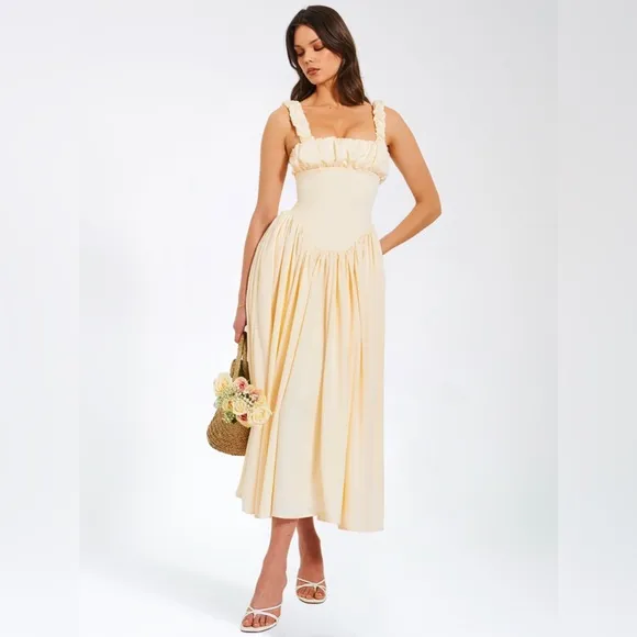 NWT Noreen cream / pastel yellow Satin Corset midi / Maxi formal Sundress