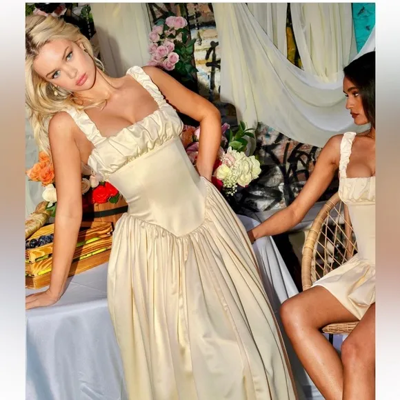 NWT Noreen cream / pastel yellow Satin Corset midi / Maxi formal Sundress