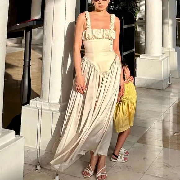 NWT Noreen cream / pastel yellow Satin Corset midi / Maxi formal Sundress