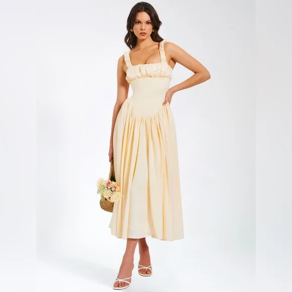 NWT Noreen cream / pastel yellow Satin Corset midi / Maxi formal Sundress