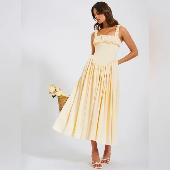 NWT Noreen cream / pastel yellow Satin Corset midi / Maxi formal Sundress