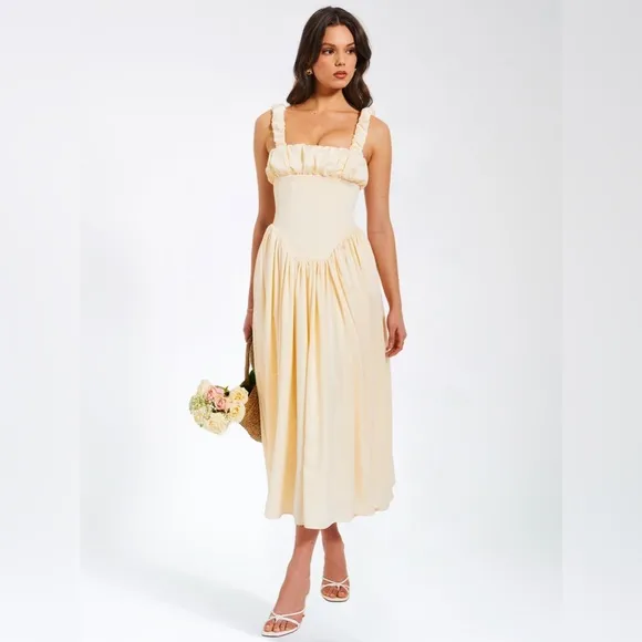 NWT Noreen cream / pastel yellow Satin Corset midi / Maxi formal Sundress