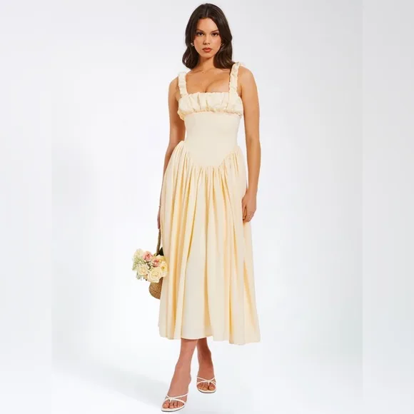 NWT Noreen cream / pastel yellow Satin Corset midi / Maxi formal Sundress