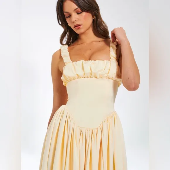 NWT Noreen cream / pastel yellow Satin Corset midi / Maxi formal Sundress