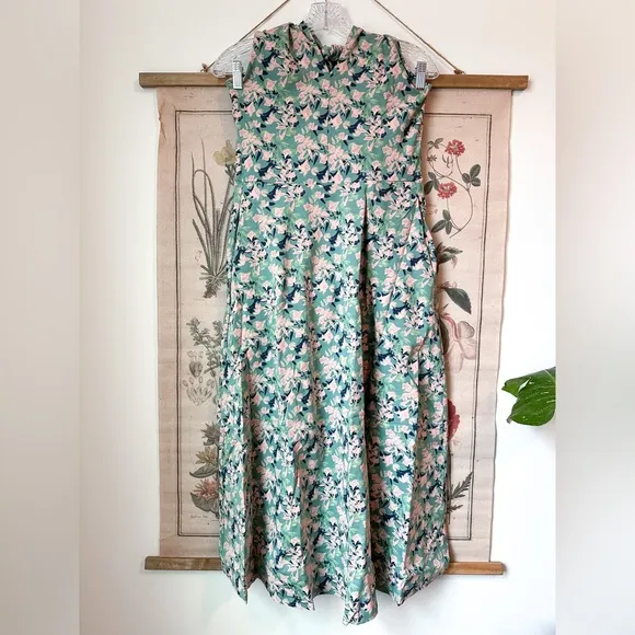 NWT Pact Modern Halter Fit &amp; Flare Floral Spruce Organic Midi Dress Blue Medium