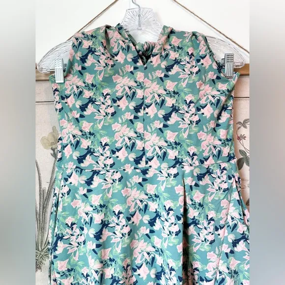 NWT Pact Modern Halter Fit &amp; Flare Floral Spruce Organic Midi Dress Blue Medium