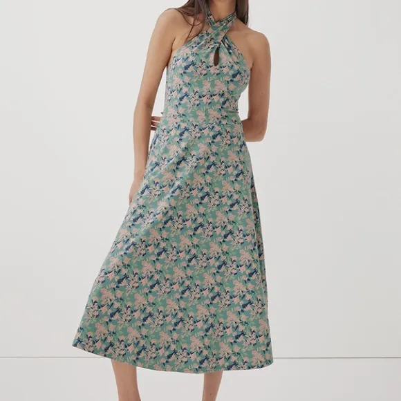 NWT Pact Modern Halter Fit &amp; Flare Floral Spruce Organic Midi Dress Blue Medium