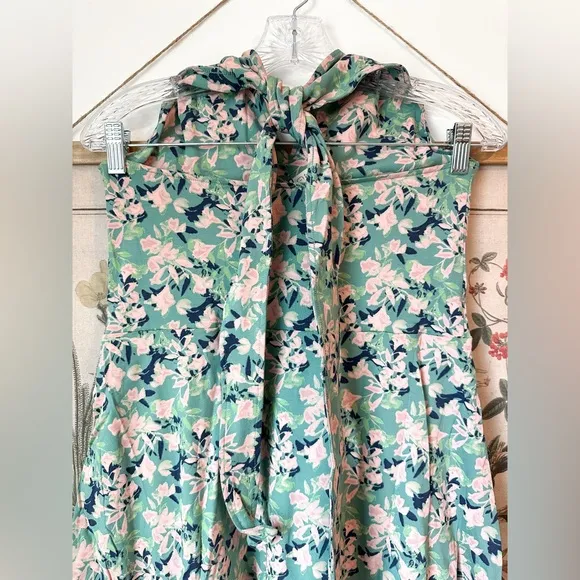 NWT Pact Modern Halter Fit &amp; Flare Floral Spruce Organic Midi Dress Blue Medium
