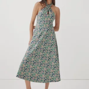 NWT Pact Modern Halter Fit &amp; Flare Floral Spruce Organic Midi Dress Blue Medium
