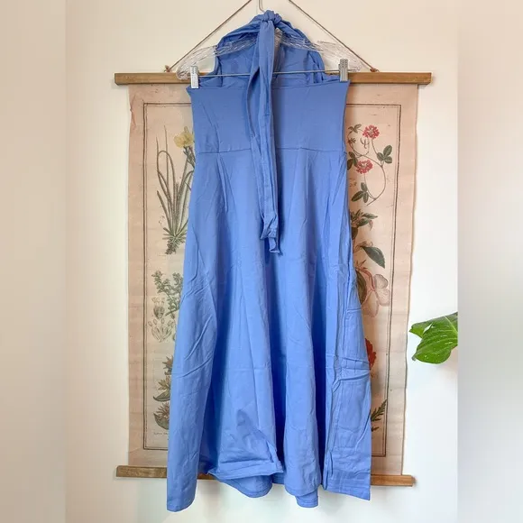 NWT Pact Modern Halter Fit &amp; Flare Vacation Organic Midi Dress Blue Medium