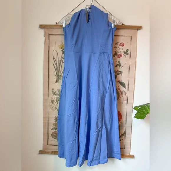 NWT Pact Modern Halter Fit &amp; Flare Vacation Organic Midi Dress Blue Medium