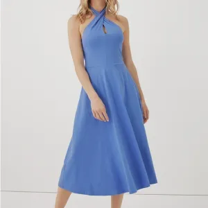 NWT Pact Modern Halter Fit &amp; Flare Vacation Organic Midi Dress Blue Medium