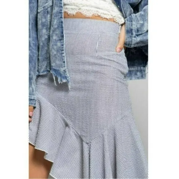 NWT POL Asymmetrical Ruffle Hem Pinstripe Cotton Mini Skirt