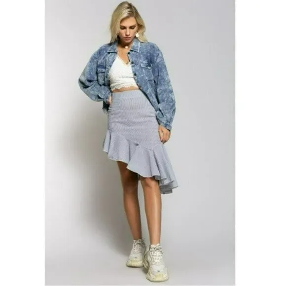 NWT POL Asymmetrical Ruffle Hem Pinstripe Cotton Mini Skirt