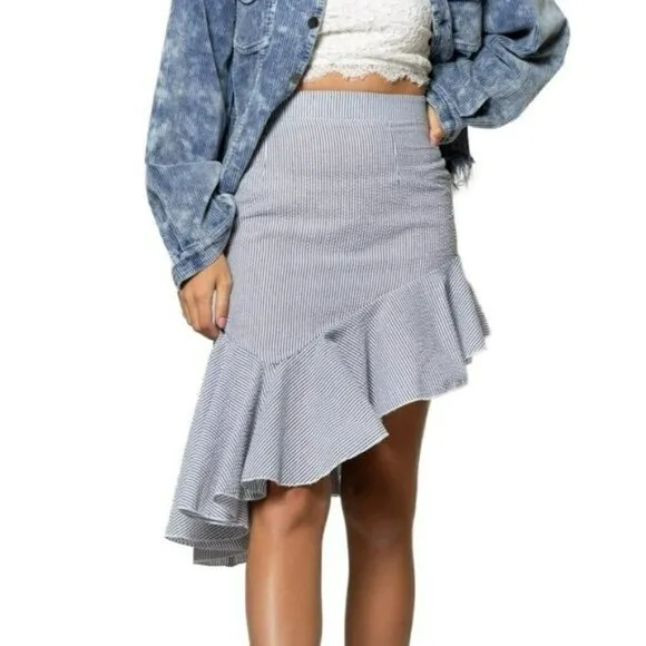 NWT POL Asymmetrical Ruffle Hem Pinstripe Cotton Mini Skirt