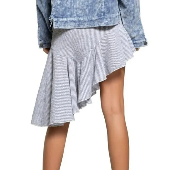 NWT POL Asymmetrical Ruffle Hem Pinstripe Cotton Mini Skirt