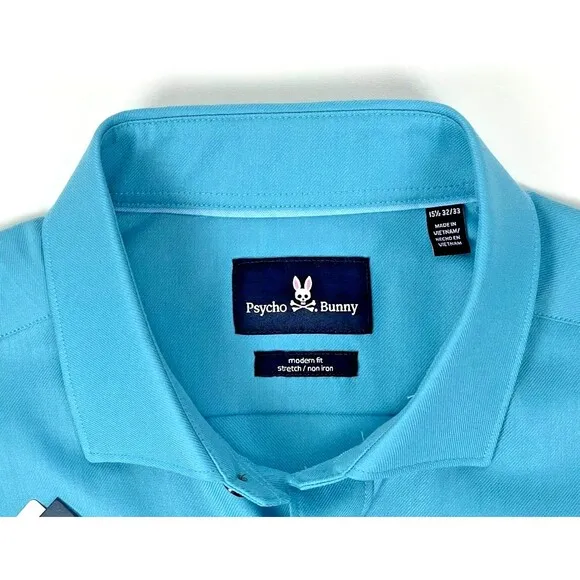 NWT Psycho Bunny Modern Fit No Iron Stretch Dress Shirt Teal Blue Men 15.5 32/33
