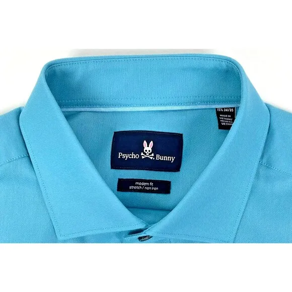 NWT Psycho Bunny Modern Fit No Iron Stretch Dress Shirt Teal Blue Men 15.5 34/35