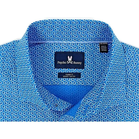 NWT Psycho Bunny Modern Fit Non-Iron Stretch Dress Shirt Floral Blue 15.5 32/33