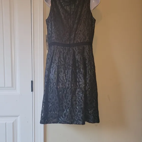 NWT Ralph Lauren Black Silver Lace Metallic Sleeveless Sheath Dress