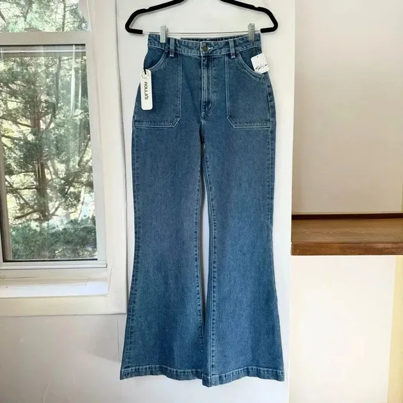 NWT Rolla's East Coast Flare Patch Pocket Flared Jeans Denim High Rise Blue