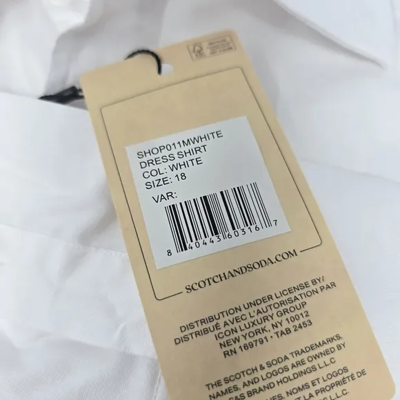 NWT‎ Scotch &amp; Soda Men's White Dress Shirt Size 18/46 Shop011mwhite Modern Fit.