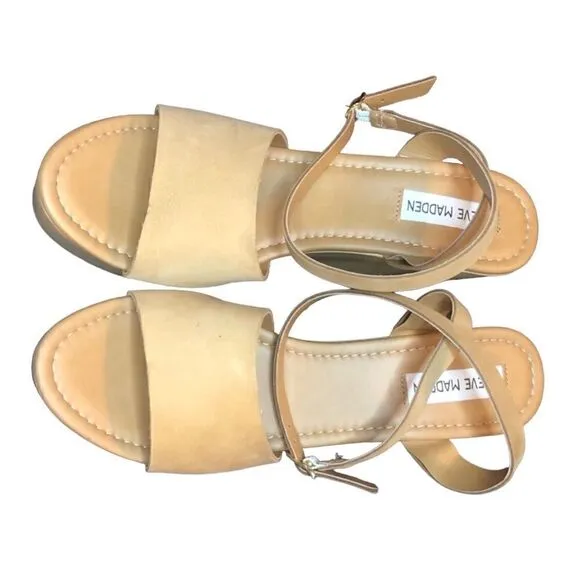 NWT Steven Madden Tan Khaki Sandals Open Toe Back Cross Straps Wide Wedge