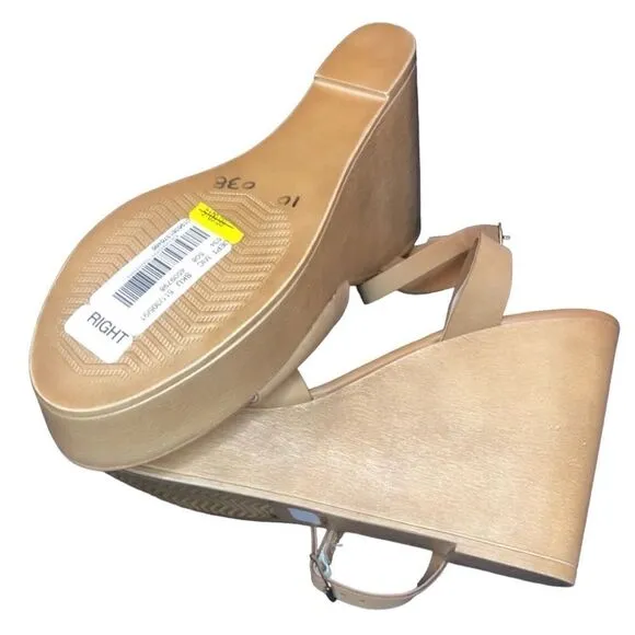 NWT Steven Madden Tan Khaki Sandals Open Toe Back Cross Straps Wide Wedge