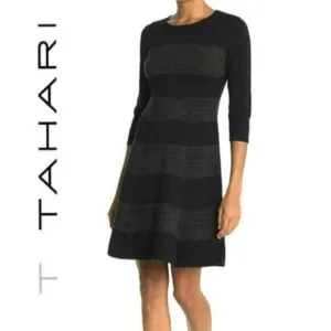 NWT T Tahari Striped A-Line 3/4 Sleeve Knit Mini Dress