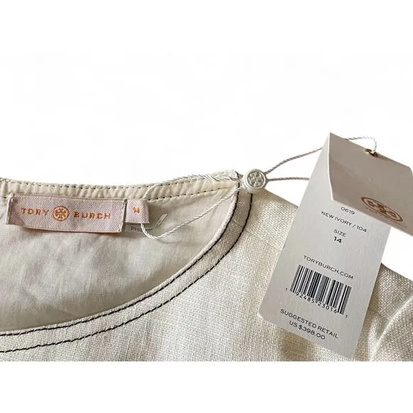 NWT Tory Burch Women’s Nadia Linen Mini Ivory Lining Short Sleeve Belted Dress L