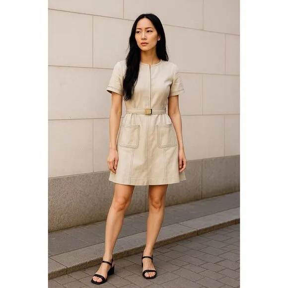 NWT Tory Burch Women’s Nadia Linen Mini Ivory Lining Short Sleeve Belted Dress L