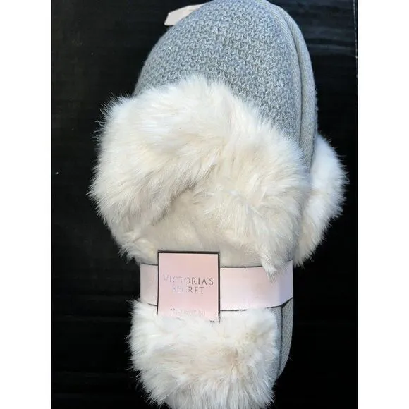 NWT VICTORIA'S SECRET M/L ROBE M SLIPPERS GRAY white fluffy SUPER WARM hooded