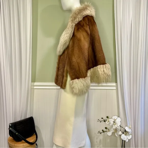 Old Hollywood Fur Cape Stole Wrap Mink &amp; Natural Fox Trim Around Collar &amp; Bottom
