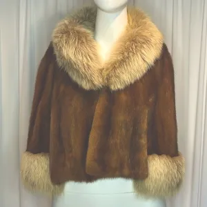 Old Hollywood Fur Cape Stole Wrap Mink &amp; Natural Fox Trim Around Collar &amp; Bottom