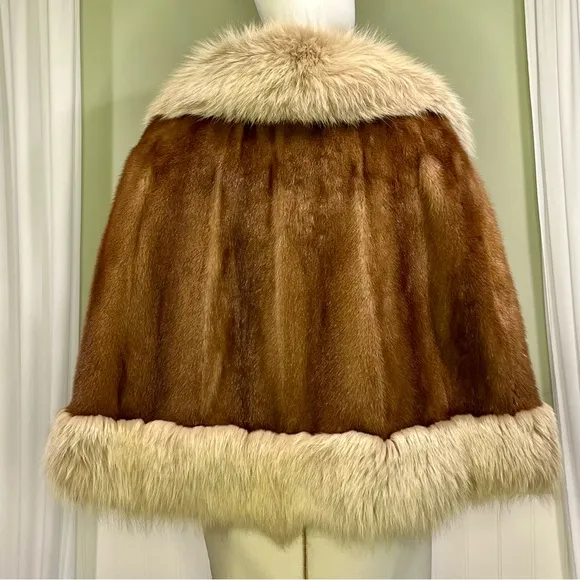 Old Hollywood Fur Cape Stole Wrap Mink &amp; Natural Fox Trim Around Collar &amp; Bottom