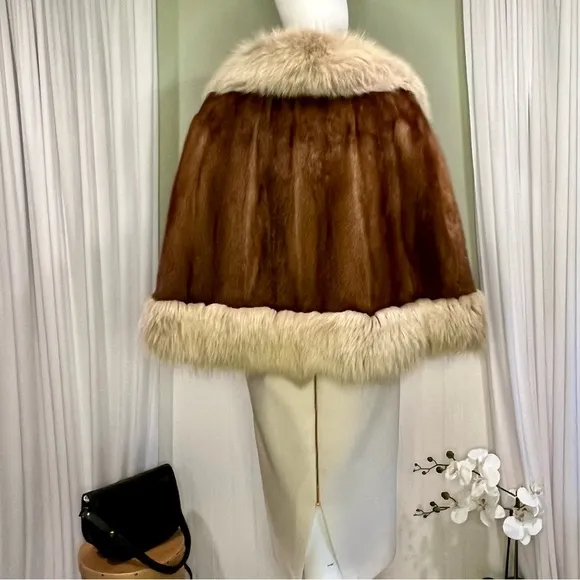 Old Hollywood Fur Cape Stole Wrap Mink &amp; Natural Fox Trim Around Collar &amp; Bottom