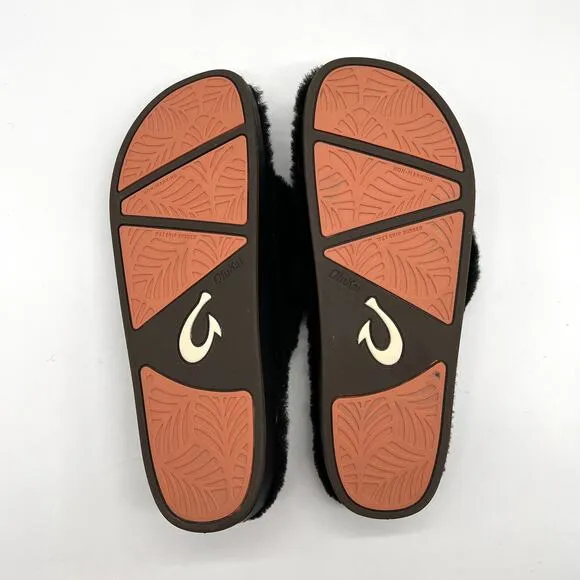 OLUKAI Kipe'a Heu Shearling Flip Flop Sandal Slipper Mens Black Flat Thong