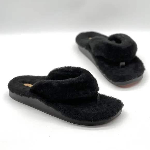 OLUKAI Kipe'a Heu Shearling Flip Flop Sandal Slipper Mens Black Flat Thong