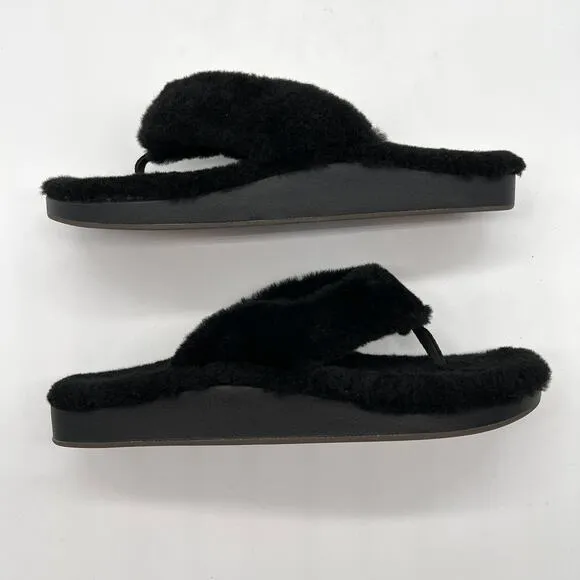 OLUKAI Kipe'a Heu Shearling Flip Flop Sandal Slipper Mens Black Flat Thong