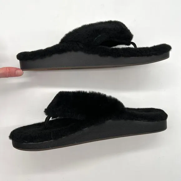 OLUKAI Kipe'a Heu Shearling Flip Flop Sandal Slipper Mens Black Flat Thong
