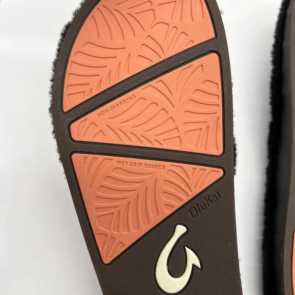 OLUKAI Kipe'a Heu Shearling Flip Flop Sandal Slipper Mens Black Flat Thong